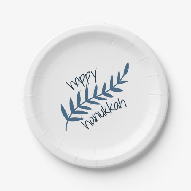 Prato De Papel Feliz Hanukkah (com Folhas Azuis) (Frente)