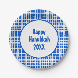 Prato De Papel Feliz Hanukkah Pintou Xadrez Azul e Branco