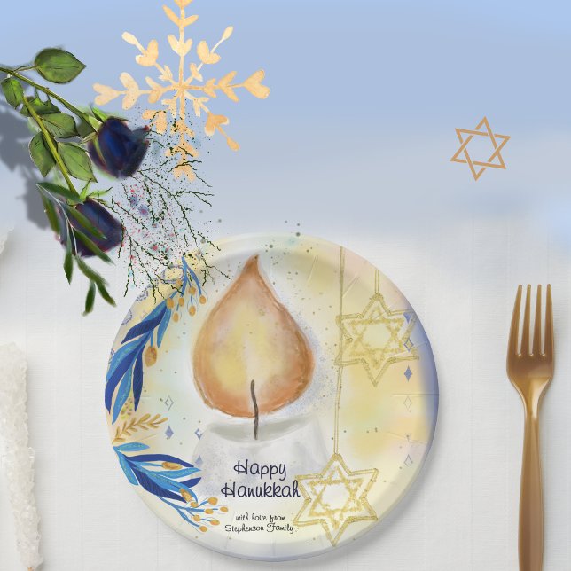 Prato De Papel Feliz Hanukkah saudando a luz da vela (Happy Hanukkah Greeting Candle Light Paper Plates)