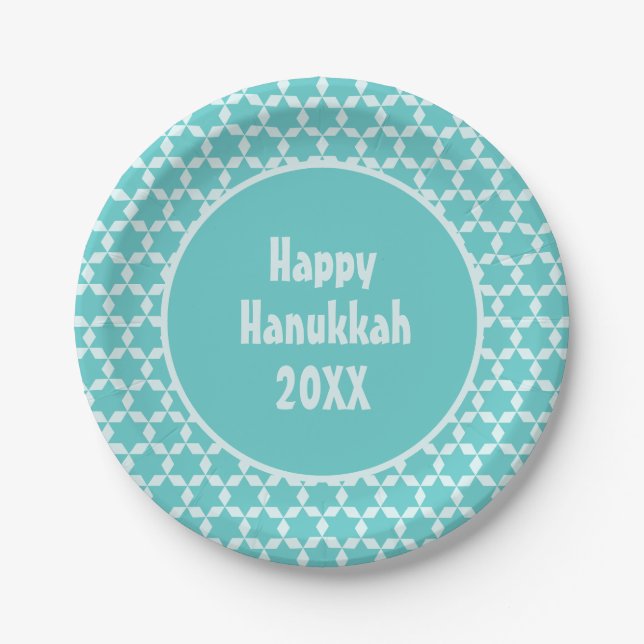 Prato De Papel Feliz Hanukkah Star Azulejos Turquoise (Frente)