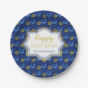 Prato De Papel Feliz Hanukkah Watercolor Stars De David