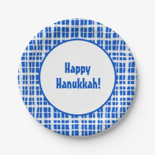 Prato De Papel Feliz Hanukkah! Xadrez pintada, azul e branco