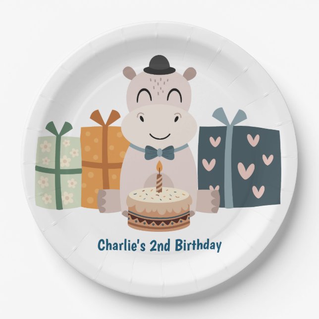 Prato De Papel Feliz Hippo com presentes e bolo de aniversário (Frente)