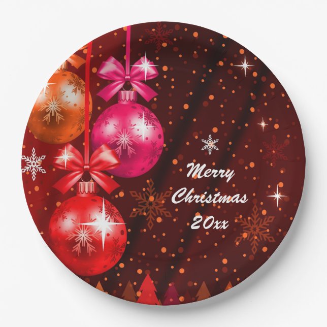 Prato De Papel Feliz Natal 20XX Adicionar Texto Ano Vermelho Rosa (Frente)