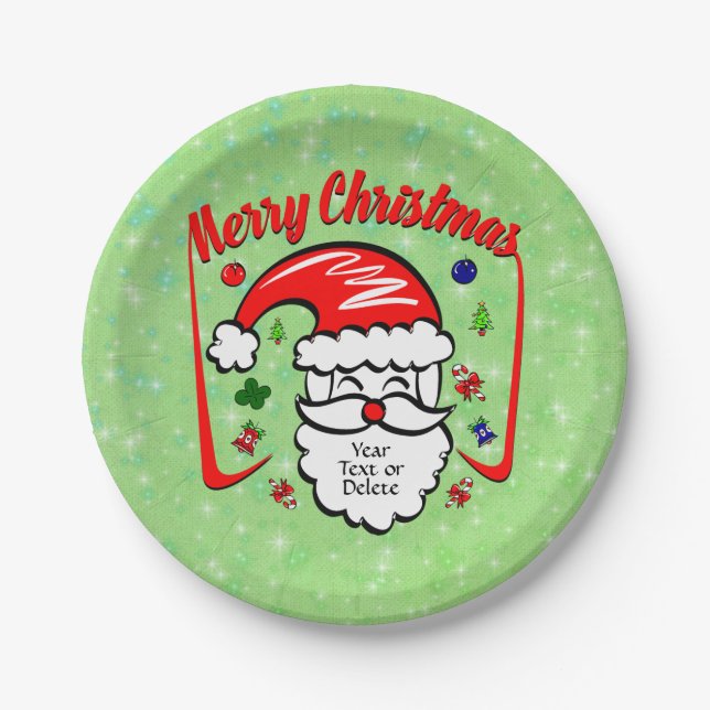 Prato De Papel Feliz Natal 20xx Papais noeis com Hat e Sparkles 7 (Frente)