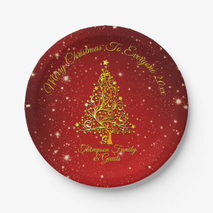 Prato De Papel Feliz Natal 20XX Vermelho Dourado Estrelas 7"