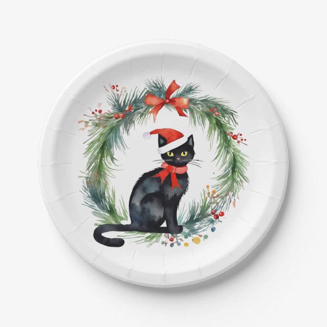 Prato De Papel Feliz Natal Aquarela Negra Gato e Ferro (Frente)