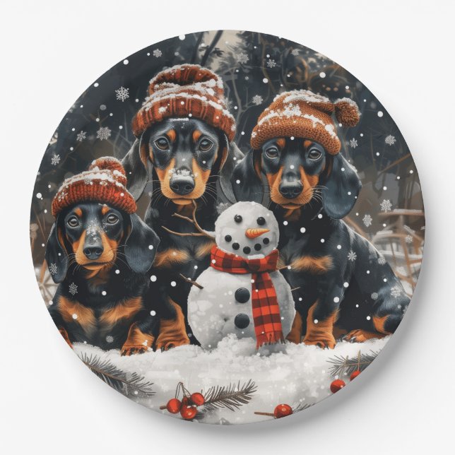 Prato De Papel Feliz Natal Dachshund Dogs Snowman (Frente)