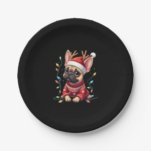 Prato De Papel Feliz Natal de Buldogue Francês Luz Santa Hat Rei