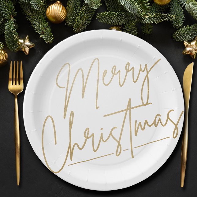 Prato De Papel Feliz Natal Dourado em Branco (Gold Merry Christmas on White Paper Plates)