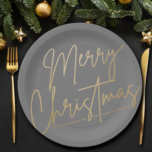 Prato De Papel Feliz Natal Dourado nas Cinzas (Merry Christmas Gold on Gray Paper Plates)