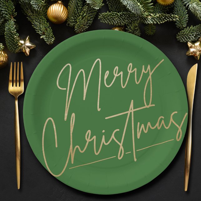 Prato De Papel Feliz Natal Dourado no Verde (Gold Merry Christmas on Green  Paper Plates)