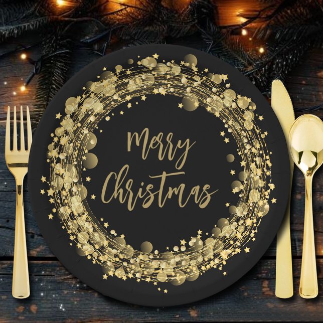 Prato De Papel Feliz Natal Dourado Stars (Merry Christmas Gold Stars on Black Paper Plates)