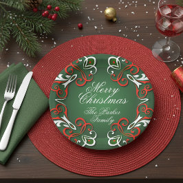 Prato De Papel Feliz Natal Elegante Barroco Vermelho Verde e Bran