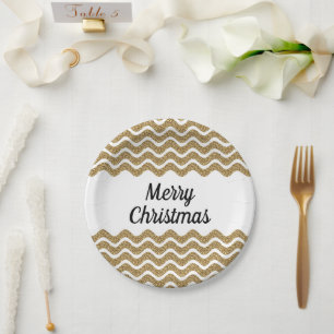 Prato De Papel Feliz Natal Faux Dourado Glitter White Strips