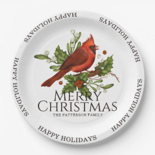 Prato De Papel Feliz Natal Feliz Férias Vermelhas Cardeal Holly