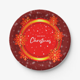 Prato De Papel Feliz Natal Flocos de Neve Dourados Vermelhos de 7