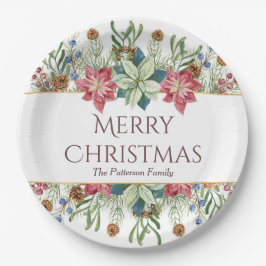 Prato De Papel Feliz Natal Flores de Inverno em Aquarela Nome