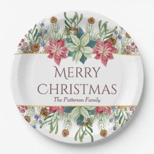 Prato De Papel Feliz Natal Flores de Inverno em Aquarela Nome