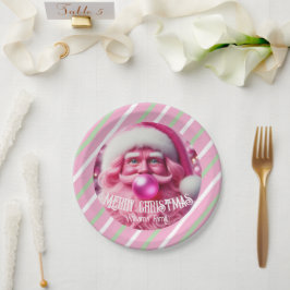 Prato De Papel Feliz Natal Goma de Bolha Rosa | Nome de Fam Perso