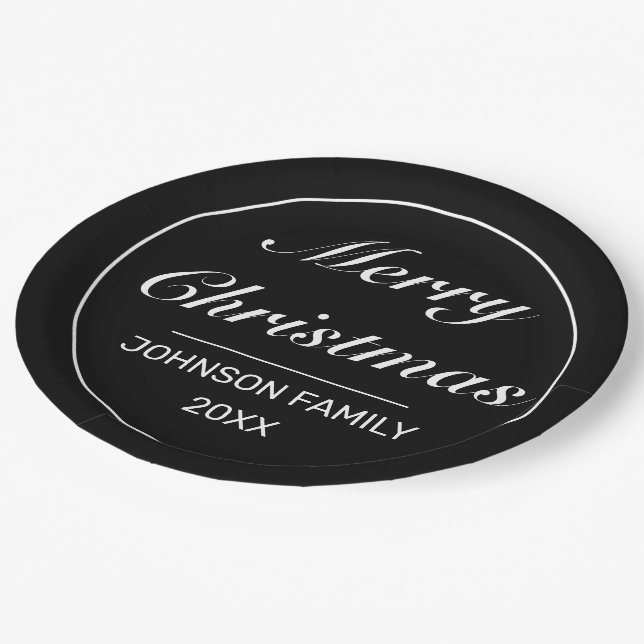 Prato De Papel Feliz Natal Moderno Mínimo Branco Negro (Inclinado)