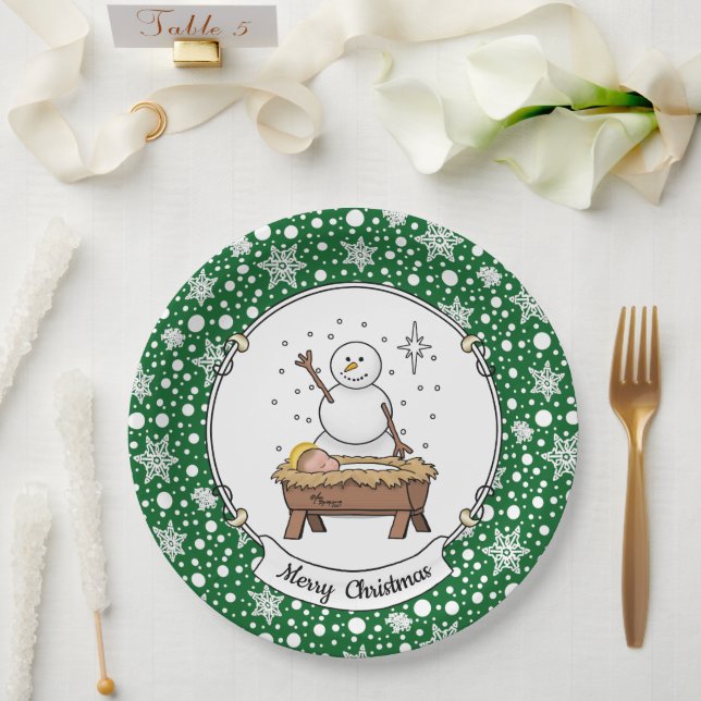 Prato De Papel Feliz Natal Natividade Bebê Jesus Snowman (Casamento)