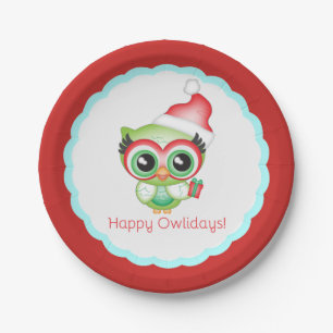 Prato De Papel Feliz Natal Owlidays Chapéu do Papai Noel Coruja d