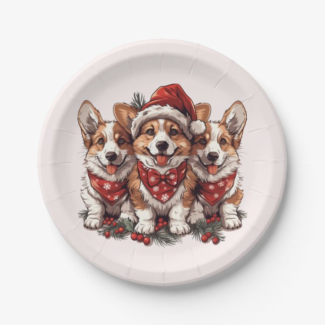 Prato De Papel Feliz Natal Pembroke Welsh Corgi Puppies (Frente)