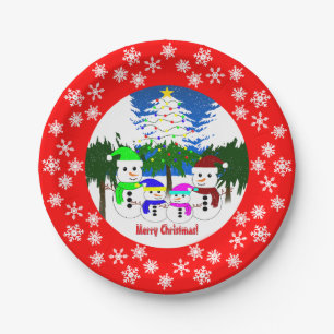 Prato De Papel Feliz Natal! Placa de Papel da Família Snowman