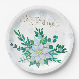Prato De Papel Feliz Natal Poinsettia Branca Flocos de Neve