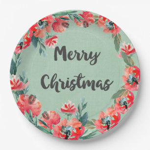 Prato De Papel Feliz Natal Red Floral Watercolor Wreath