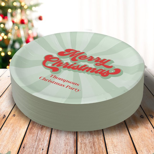 Prato De Papel Feliz Natal Red Green Tipografia Whimsical (Merry Christmas cute retro style calligraphy script paper plate.)