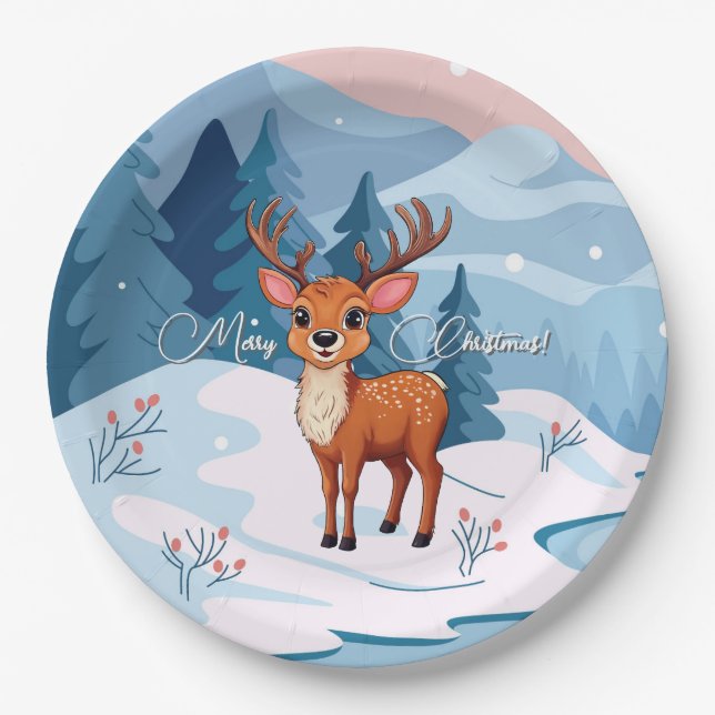 Prato De Papel Feliz Natal Renas de desenho animado fofo no inver (Frente)