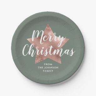 Prato De Papel Feliz Natal - Rosa Verde - Estrela Dourada