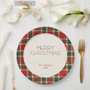 Prato De Papel Feliz Natal - Xadrez de Tartan Personalizada