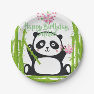 Prato De Papel Feliz Panda com Bambu e Flor de Cereja