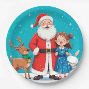 Prato De Papel Feliz Papai Noel com donzela de neve