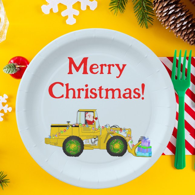 Prato De Papel Feliz Papais noeis De Natal Em Bulldozer Oferecend (Santa drives bulldozer: festive plates for construction-loving kids. Celebrate with style!)