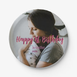 Prato De Papel Feliz primeiro aniversario, bebê mãe vermelha, lar