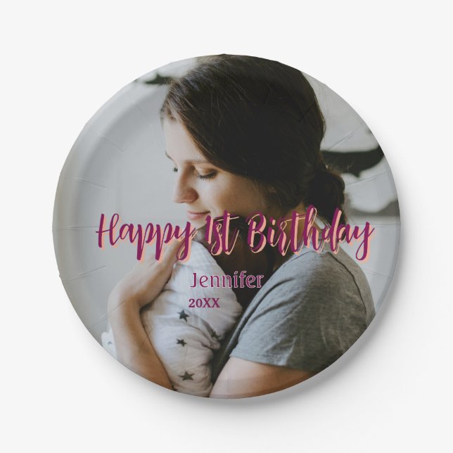 Prato De Papel Feliz primeiro aniversario, bebê mãe vermelha, lar (Frente)