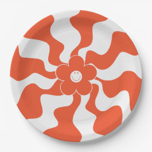 Prato De Papel Feliz Retro Daisy em Laranja e Branco