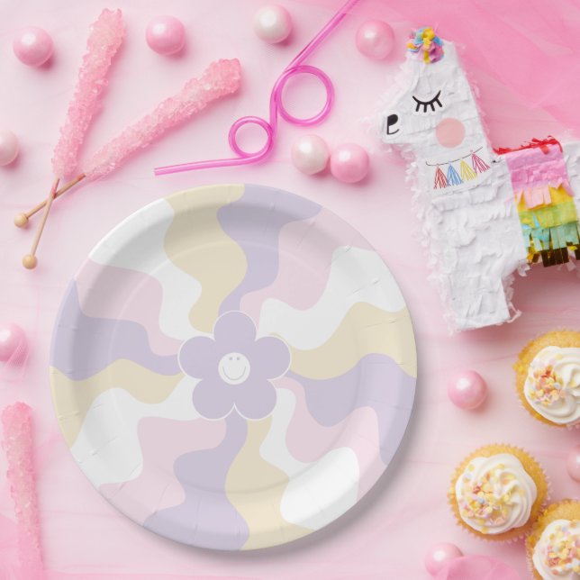 Prato De Papel Feliz Retro Daisy - Pink Pastel, Amarelo e Roxo (Festa)