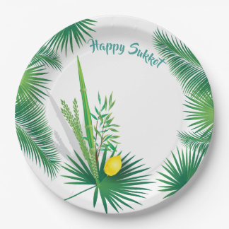 Prato De Papel Feliz Sukkot Lulav e Etrog Watercolor Padrão