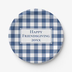 Prato De Papel Feliz Xadrez de Gingham Branco Azul, de Amizade,