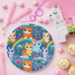 Prato De Papel Felizes Gatos de Gatinhos nas Nuvens do Arco-íris