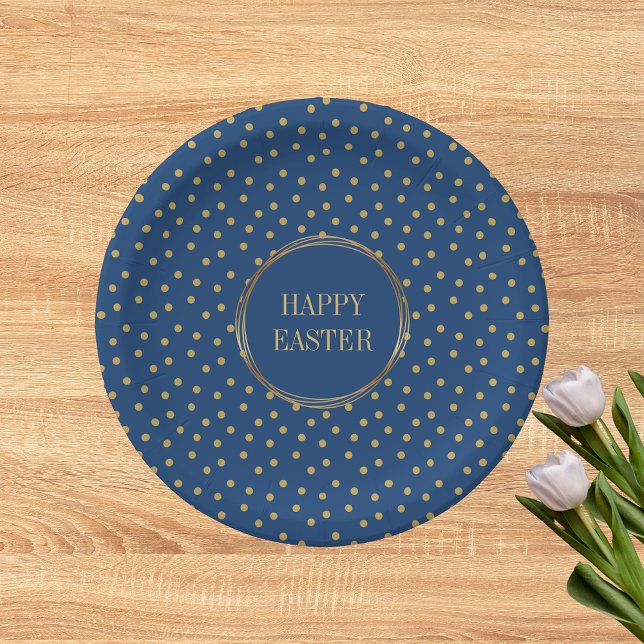 Prato De Papel Felz pascoa Cristão de Bolinhas Douradas e Bonitas (Cute Modern Blue Gold Polka Dots Christian Happy Easter Paper Plates)