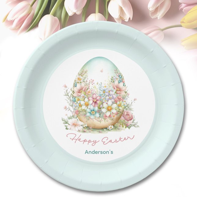 Prato De Papel Felz pascoa Floral Ovo Azul Nome Personalizado (Happy Easter Floral Egg Blue Personalized Name Paper Plates)