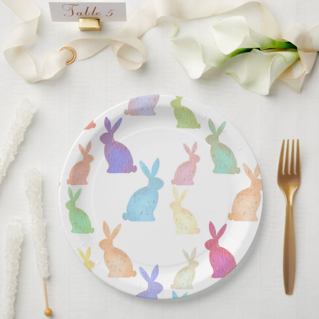 Prato De Papel Felz pascoa - Padrão do Rainbow Bunny (Casamento)