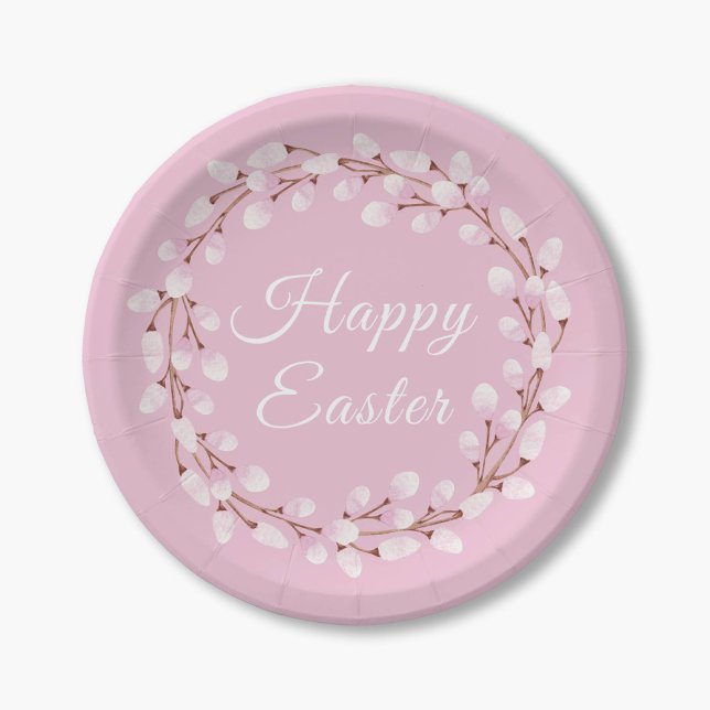 Prato De Papel Felz pascoa Pussy Selvagem Rosa Elegante Pa (Elegant Pink Pussy Willow Happy Easter Pa Paper Plates)