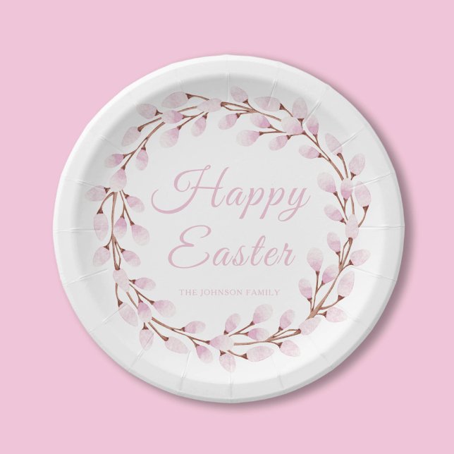 Prato De Papel Felz pascoa Selvagem Rosa Elegante (Elegant Pink Pussy Willow Happy Easter Paper Plates)